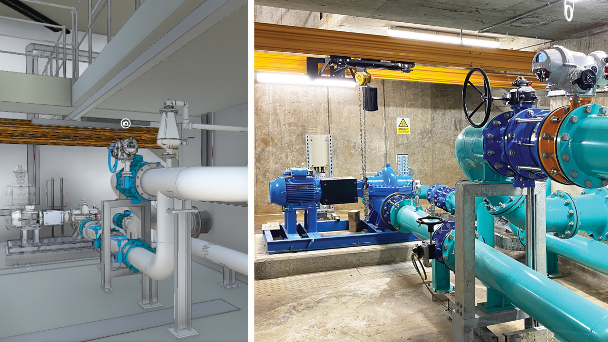 Refurbished pumping station: (left) 3D model - Courtesy of TES Group and (right) pumping station layout - Courtesy of Essex & Suffolk Water