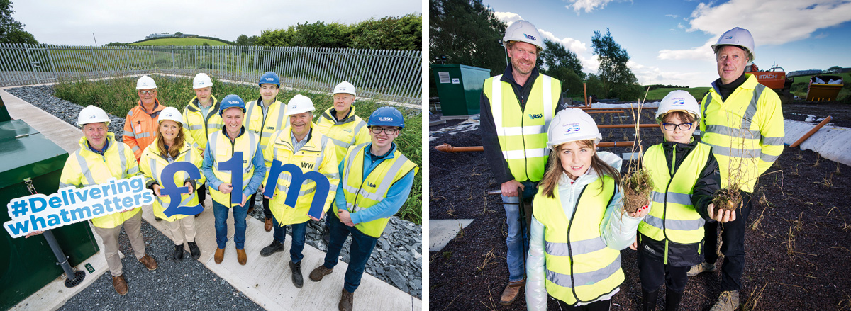 (left) The NI Water Project Team, principal contractor BSG Civil Engineering, and consulting engineers Tetra Tech, and (right) local school children help plant out the reed beds at Loughries - Courtesy of NI Water