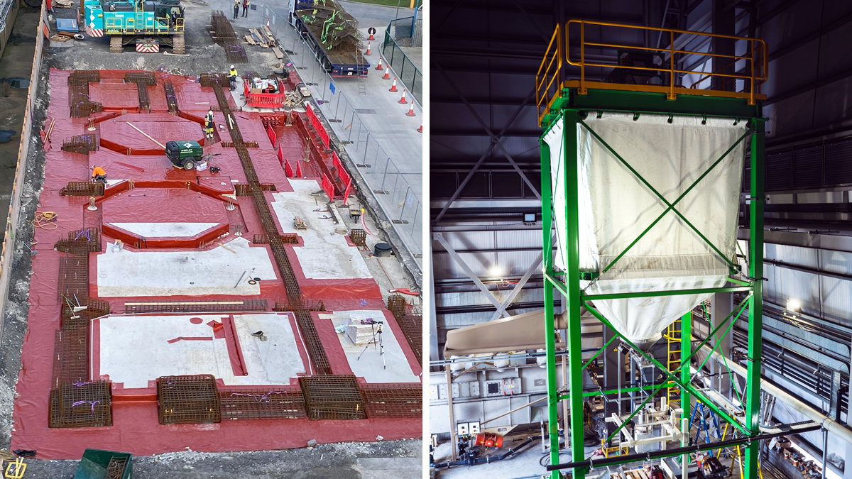 (left) Formation of plant building during radon barrier install and (right) storage silo for struvite product - Courtesy of Murphy Ireland