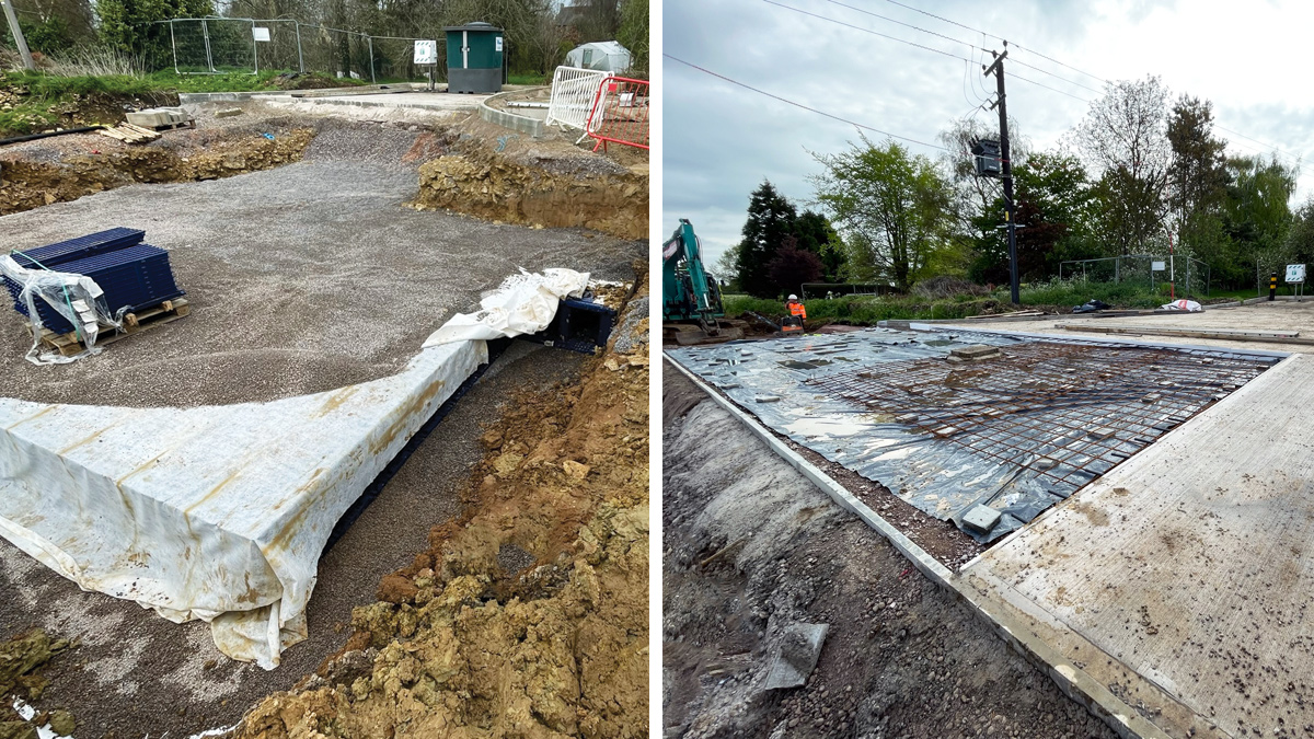 (left) Q-bic system construction and (right) concrete slabs being cast over the crates to form the turning area - Courtesy of Wessex Water