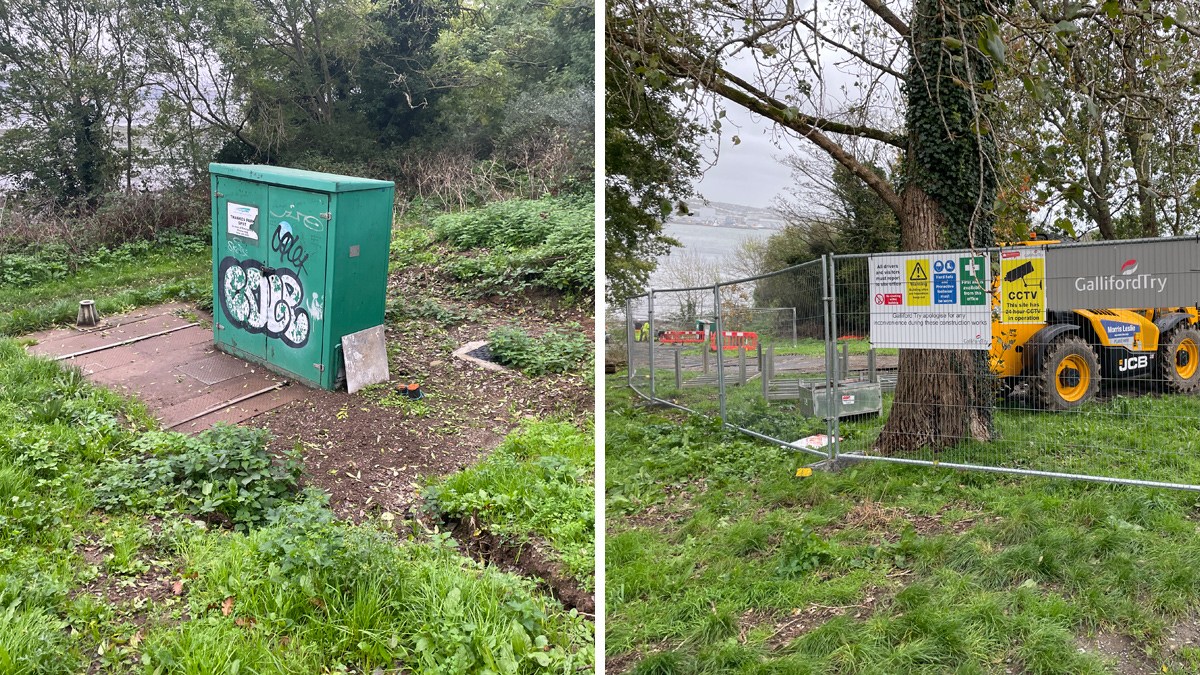 (left) Old panel and pumping station in park and (right) site set up in the park showing the hill and works at the bottom by the river - Courtesy of Galliford Try