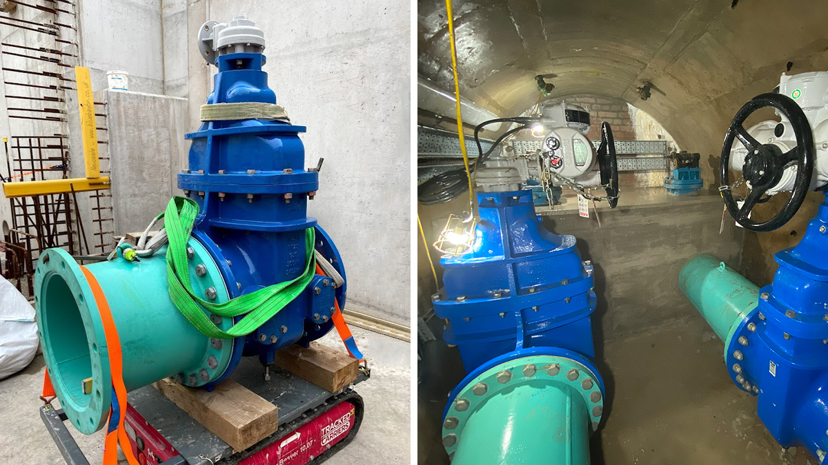 (left) Gate valve transportation and (right) bulkhead valves with concrete encapsulation - Courtesy of MMB
