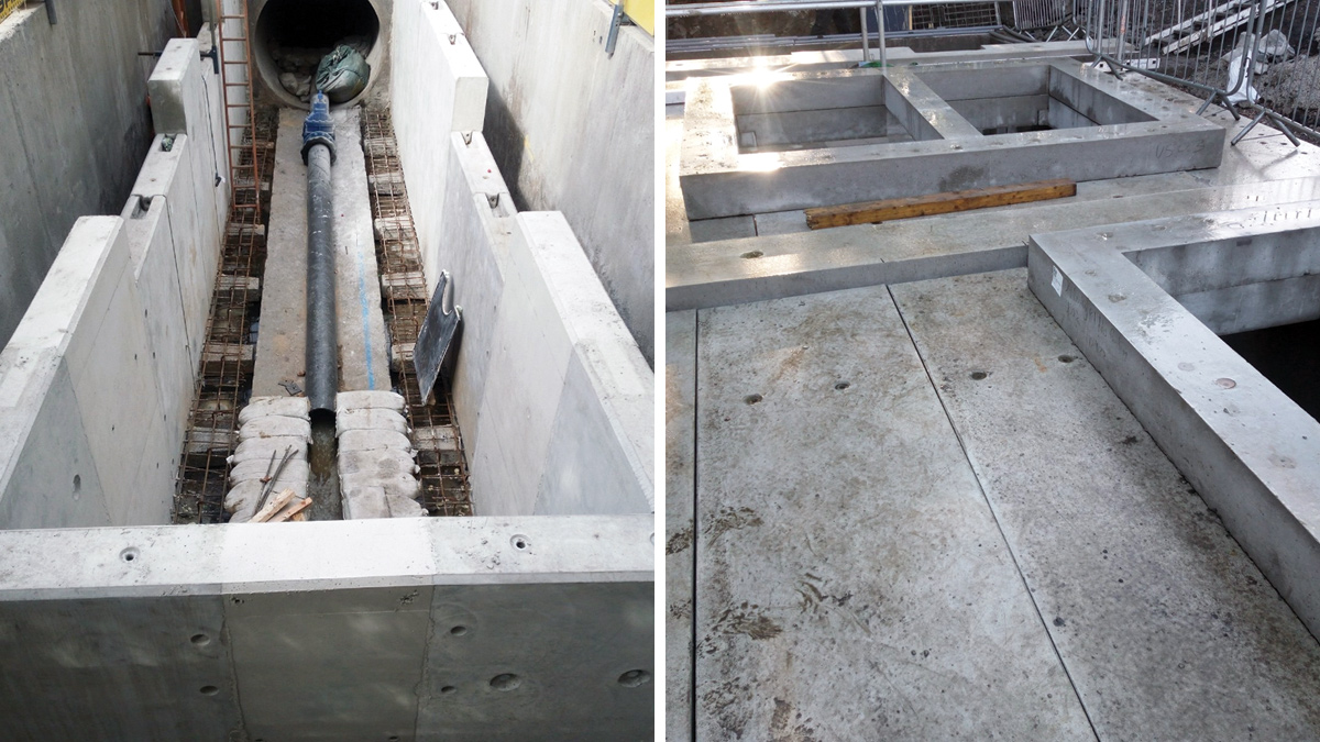 (left) Installation of the weir walls and (right) installation of the roof slab - Courtesy of MMB