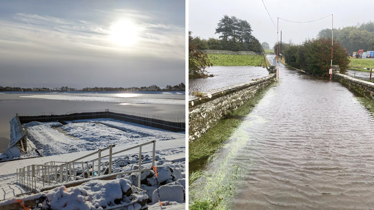 Extreme weather conditions during the construction stages: (left) winter 2022 and (right) flooding from Storm Babet (October 2023) - Courtesy of MMB