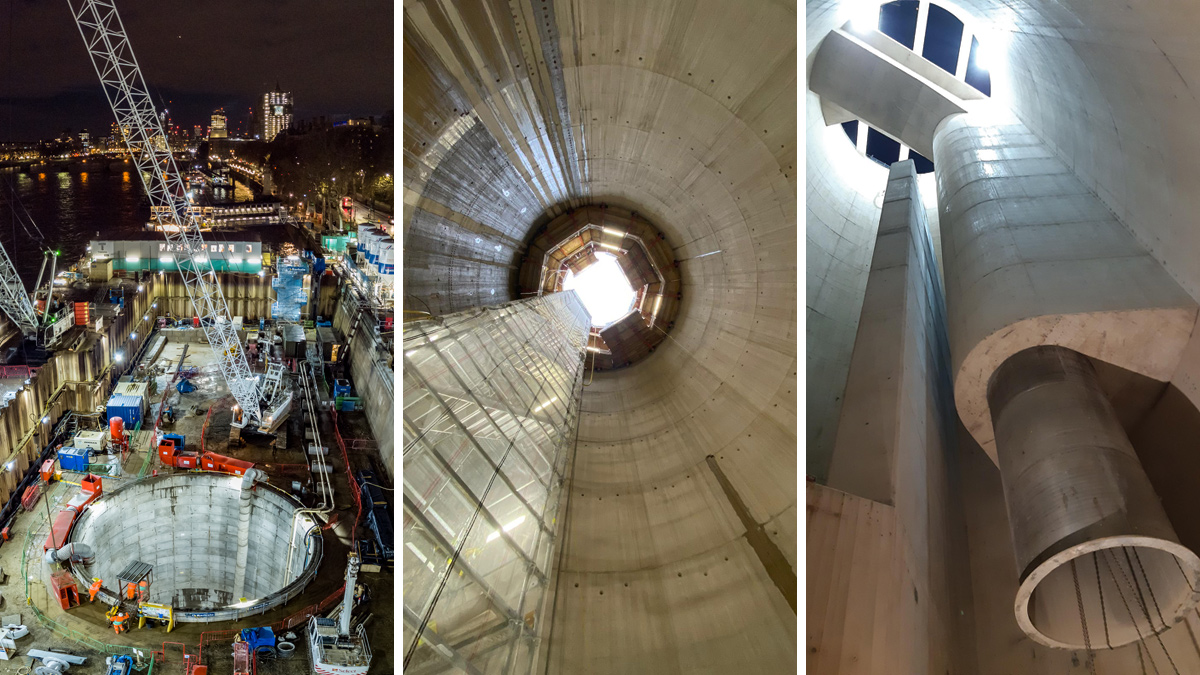 (left) A view of works underway at night, (middle) secondary lining complete, and (right) view from the base of the CSO drop shaft - Courtesy of Barhale