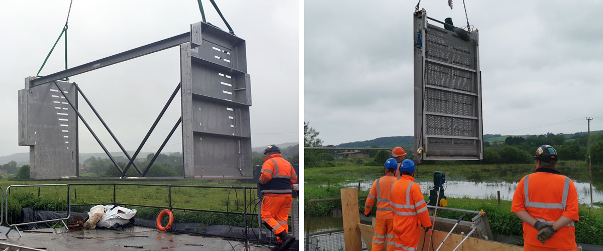 (left) Lifting the intake box into the river and (right) lifting the first of the GoFlo screens into the intake box