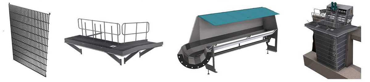 (i) Course debris screen (ii) the walkway assemblies (iii) debris trough and return channel with covers (iv) the completed design