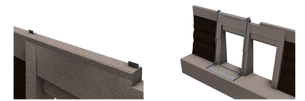 (left) Reference brackets fixed to existing concrete structure and (right) fixing frame in position against existing structure