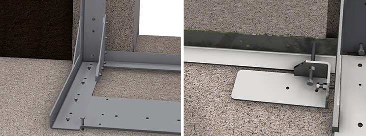 (left) Close up of the baseplate of the fixing frame, showing the levelling bolts and (right) temporary adjustment blocks used for positioning the fixing frame