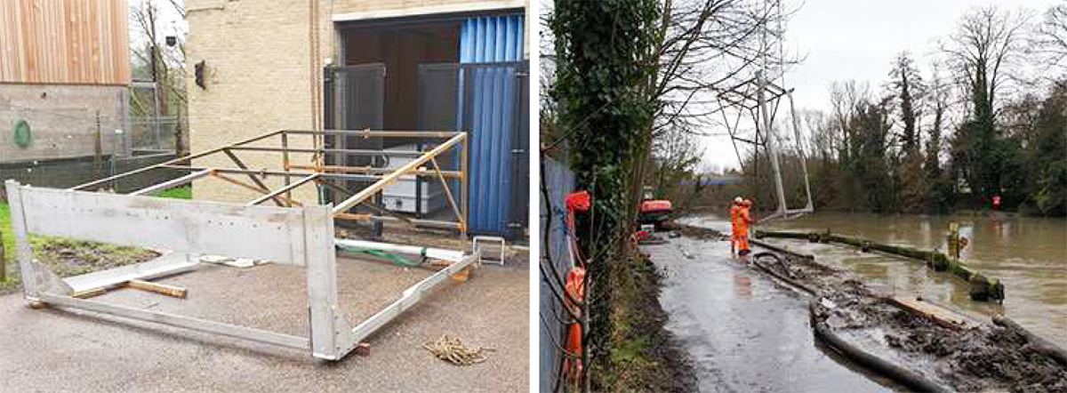 (left) Fixing frame and measuring frame being assembled and (right) fixing frame and measuring frame being lifted into the intake – note the very high water levels!