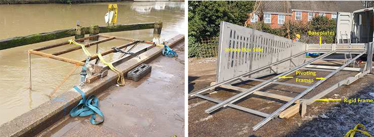(left) Fixing frame and measuring frame in position and (right) the intake box being assembled prior to final installation