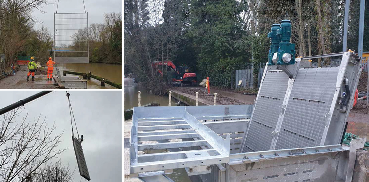 (top left) Lifting the course bar screen into the intake box, (bottom left) lifting the first GoFlo screen into the intake box, and (right) fitting the front part of the walkway structure onto the intake box