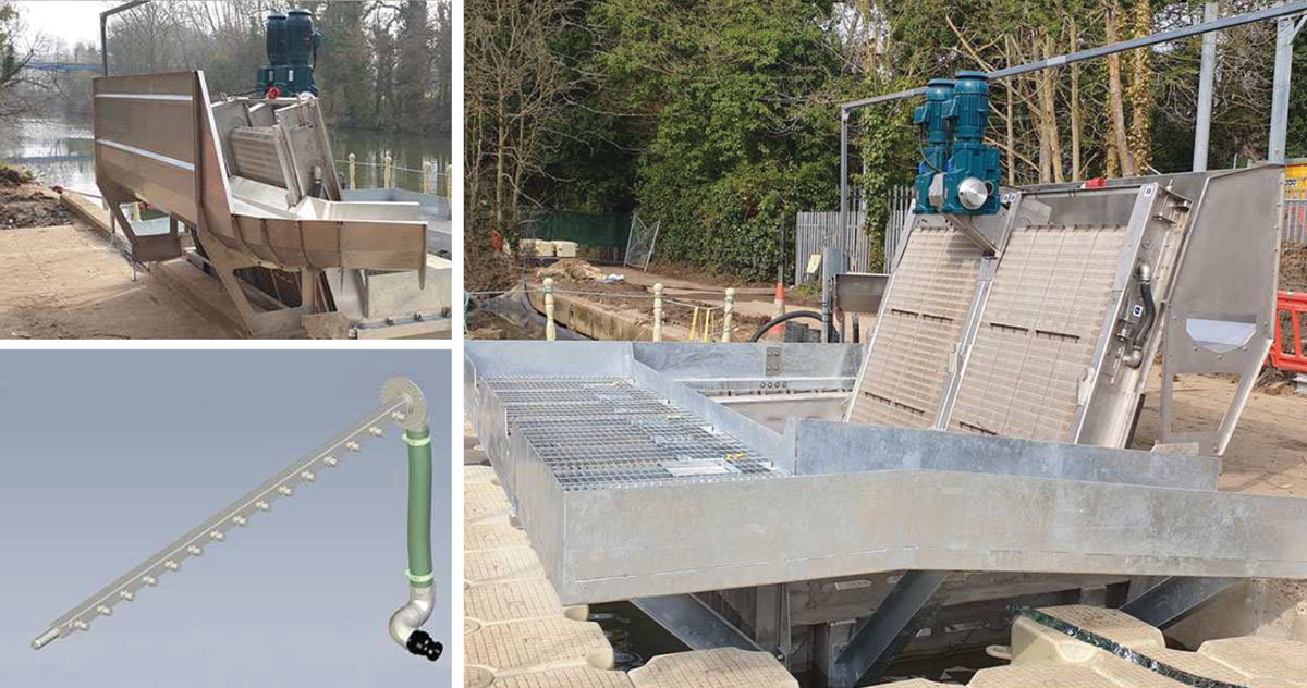 (top left) Fitting the debris trough and return channel, (bottom left) the spray boom assembly which fits inside the screen mesh, and (right) completed walkway structure attached to the intake box