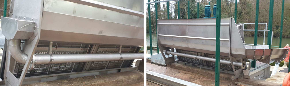 (left) The debris flushing flow pipework underneath the debris trough and (right) the security fencing being fitted