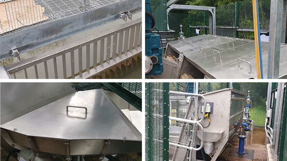 (top left) View from the-screens, looking out towards the river, (top right) the lids covering the debris trough, (bottom left) further lids covering the debris return channel and (bottom right) the completed installation, inside the security fencing