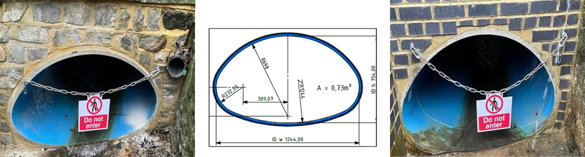 (left & right) Finished Ragstone headwalls courtesy of Steadline Ltd and (middle) Amiblu NC Line Raigersfield design drawing - Courtesy of Amiblu